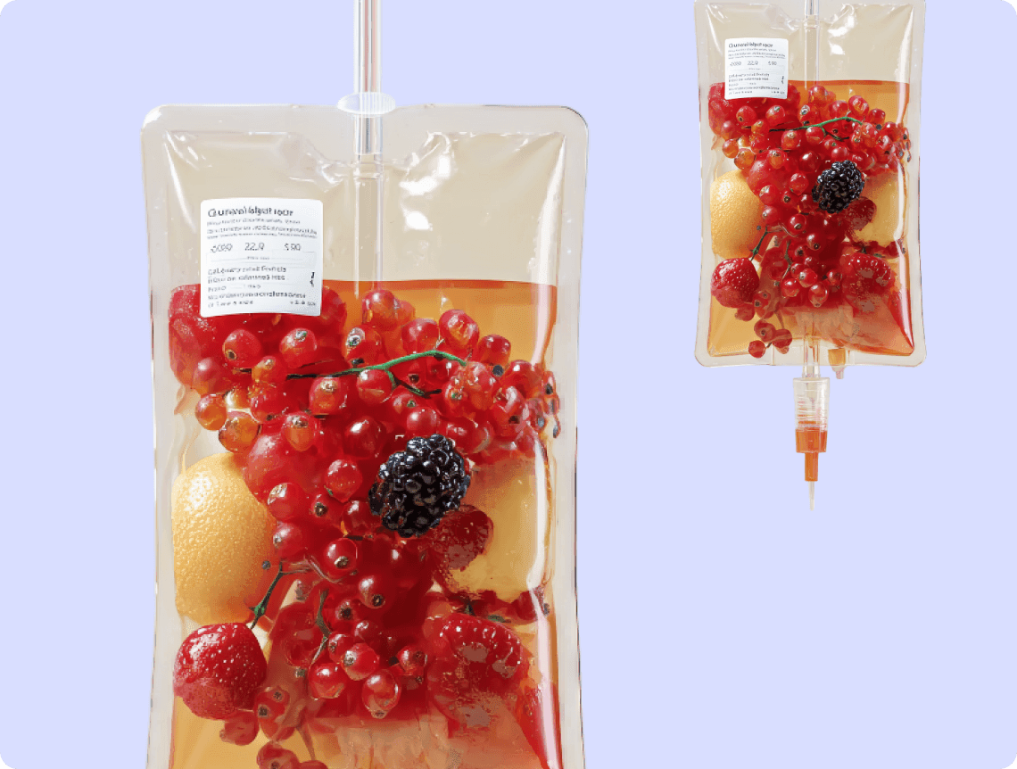 2 пакета капельниц, одна из них меньше. Внутри ягоды и фрукты
