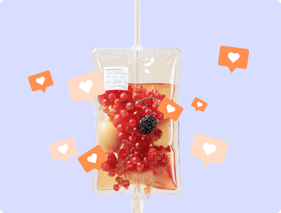 Капельница с ягодами и фруктами, во круг сердечки - лайки